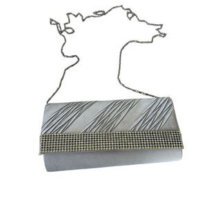Stuart‎ Weitzman Silver Rhinestone Satin Evening Clutch Bag